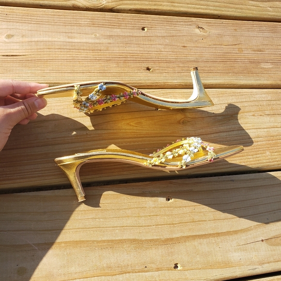 Miu Miu Gold and Floral Embellished Heels - Picture 7 of 10